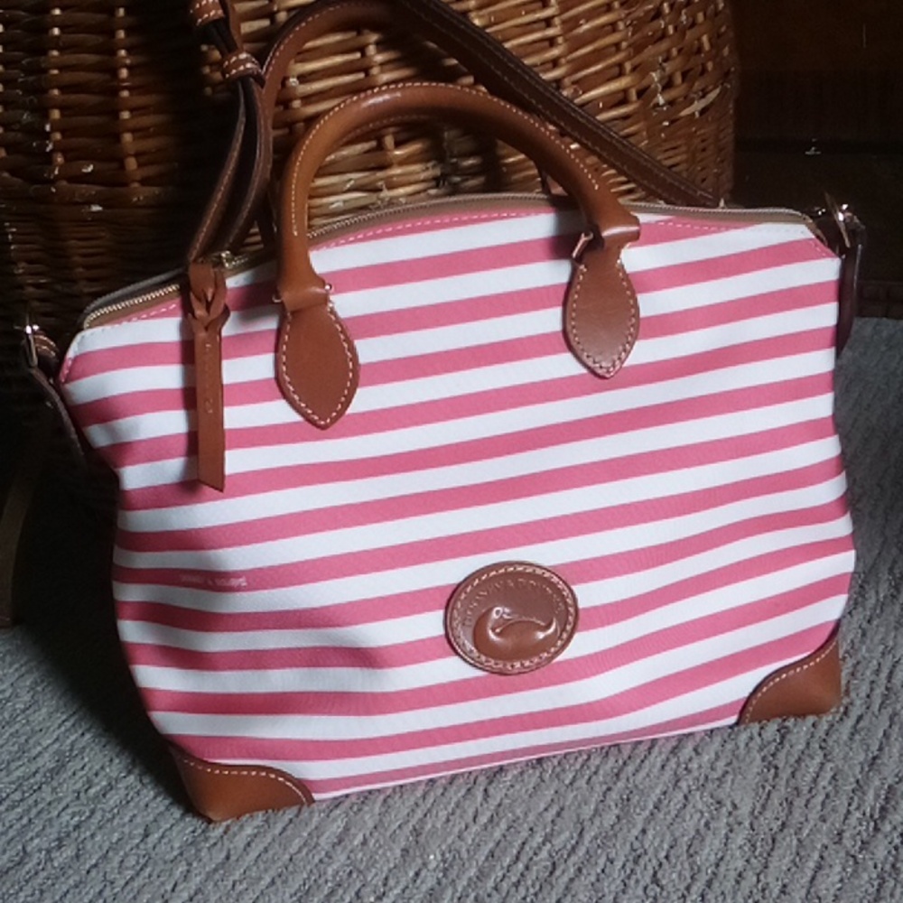 D & B Sullivan - Leather & Canvas Pink White Striped Bag Top Handles & Crossbody
